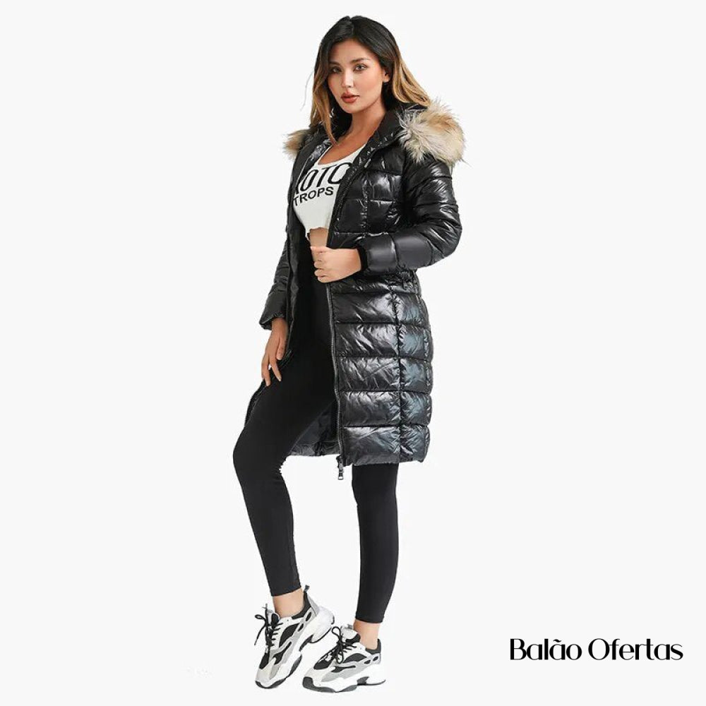 Casaco Feminino Sobretudo Puffer Brilhante