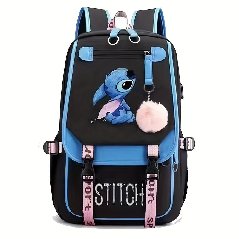 Mochila Escolar do Stitch com Grande Capacidade e Porta USB